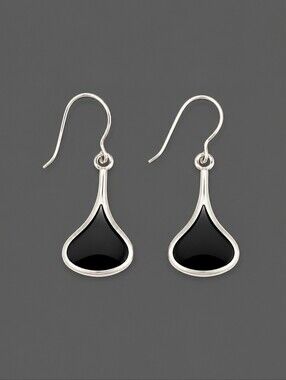 VTG ATI Sterling Silver Onyx Teardrop Dangle Hook Earrings